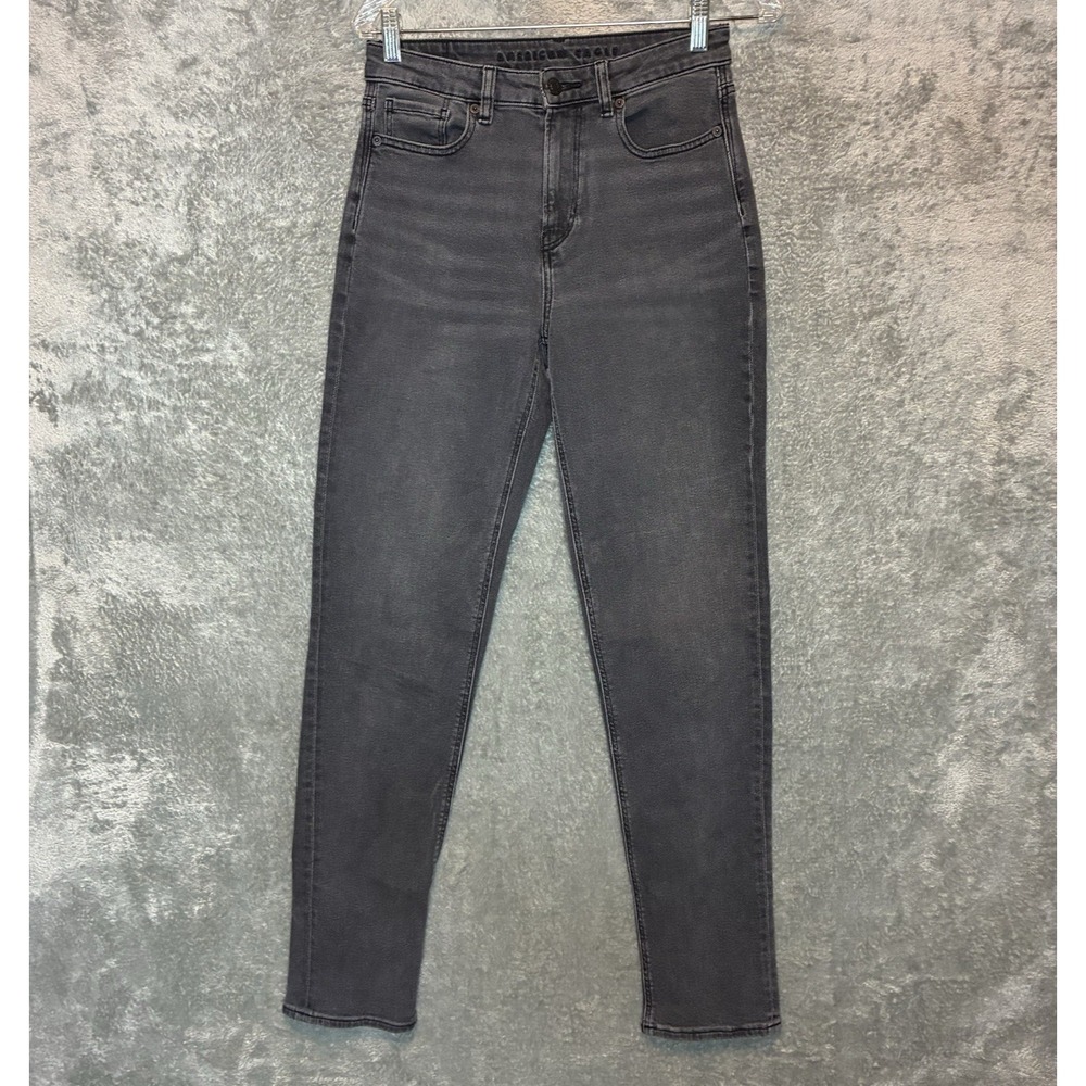 American Eagle Women Faded Black Mom Jean 4 X-Long Tapered 90s Grunge Stretch
